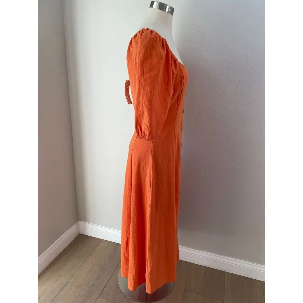 NEW $79 Urban Outfitters Womens Medium Orange Puff Sleeve Button‎ Up Midi Dress
